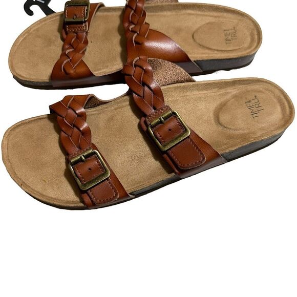 TIME & TRU Womens Brown Braided Leather Footbed Slides Slip On Sandals Size 10M - Picture 3 of 10